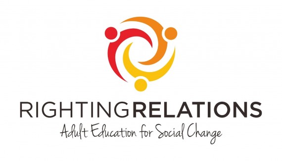 Image shows the logo for Righting Relations: Adult Education for Social Change: three stylized figures with arms stretched out, forming a circular spiral of red, orange, and yellow.