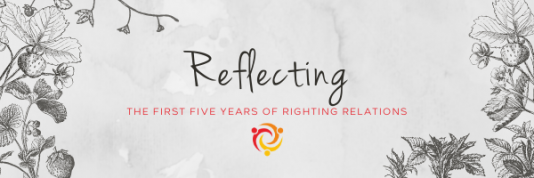 Image is a banner with text reading "Reflecting: The first five years of Righting Relations"; the background of the banner is marbled shades of grey, with pencil-drawings of strawberry plants to the sides on the right and left of the banner.