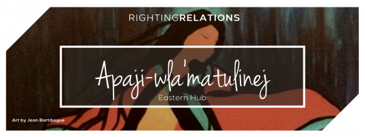 Image is a banner that shows a painting of an Indigenous woman with long, flowing black hair, her head in 3/4 profile and gently inclined to the right. She is wearing a billowing garment of red, yellow, and green set against a background of browns, turquoise, and blue. On top of the image is text that reads "Righting Relations Eastern Hub" and, at the bottom, "Art by Jean Bartibogue". The top left and bottom right corners of the banner have been slightly cropped.