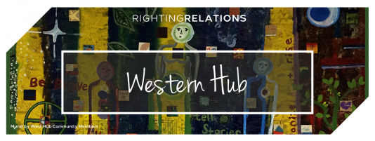 Image is a banner that shows a painted mural with shades of yellows, blues, and greens. Three figures stand in the centre, surrounded by leaves, symbols, and text like "tell stores", "be brave", and "decolonize and rise". On top of the image is text that reads "Righting Relations Western Hub" and, at the bottom, "Mural by West Hub Community Members. The top left and bottom right corners of the banner have been slightly cropped.